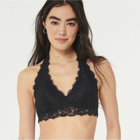 Gilly Hicks Top Womens XSmall Black Halter Bralette Lace V Neck Open Back Boho - Picture 1 of 16